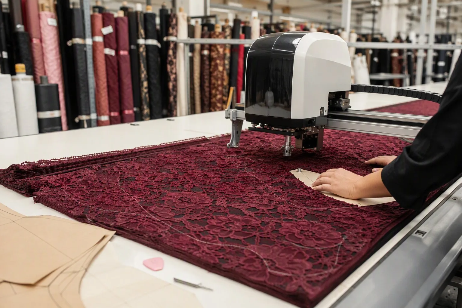 Fabric cutting room with automated cutter