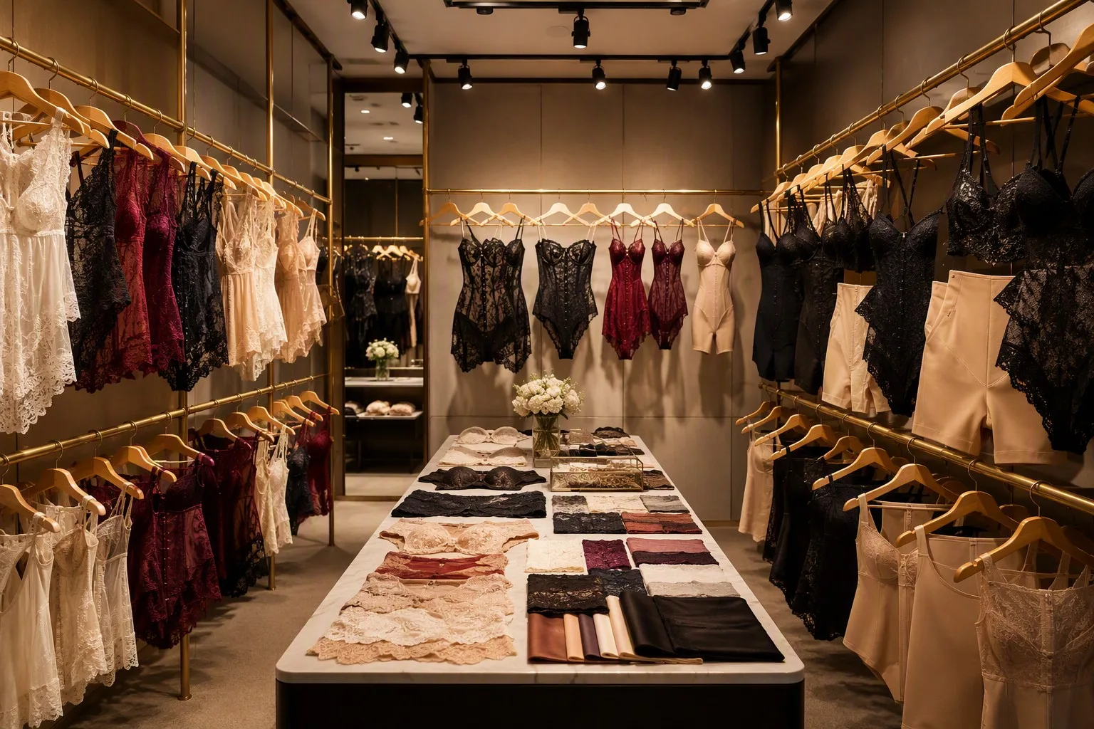 Sample showroom with lingerie and corset samples on racks