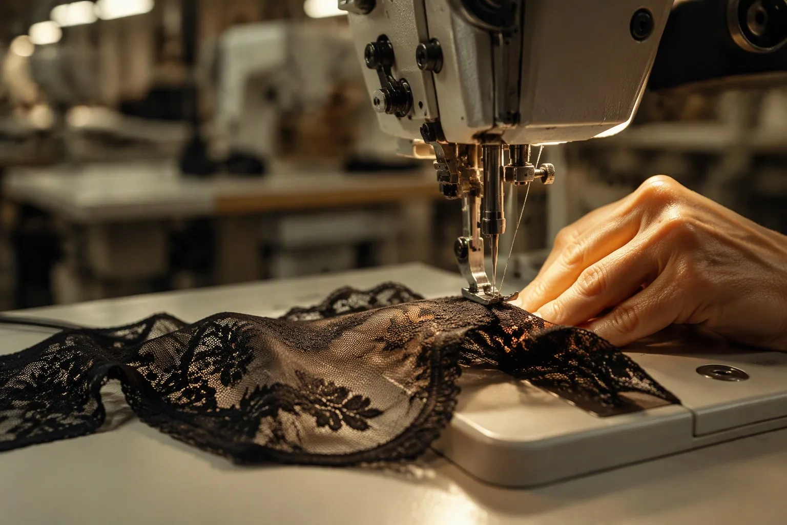 Skilled hands sewing delicate lace lingerie
