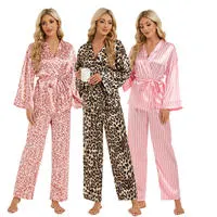 2025 Autumn 2 Piece Loungewear Set Women Leopard Pajamas Womens Satin Sleepwear wholesale