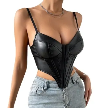 Black Bustier Top Corset Halter Top Pu Leather Corset Women Sexy Lingerie Underw wholesale