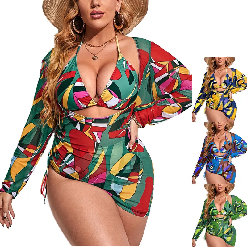 Custom Print Solid African Swimdress Mesh Plus Size 3 Piece Swimwear Set with Co wholesale