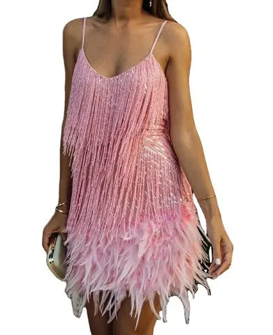 Fashionable Fringe Sequin Feather Patchwork Dress slip Dress wholesale