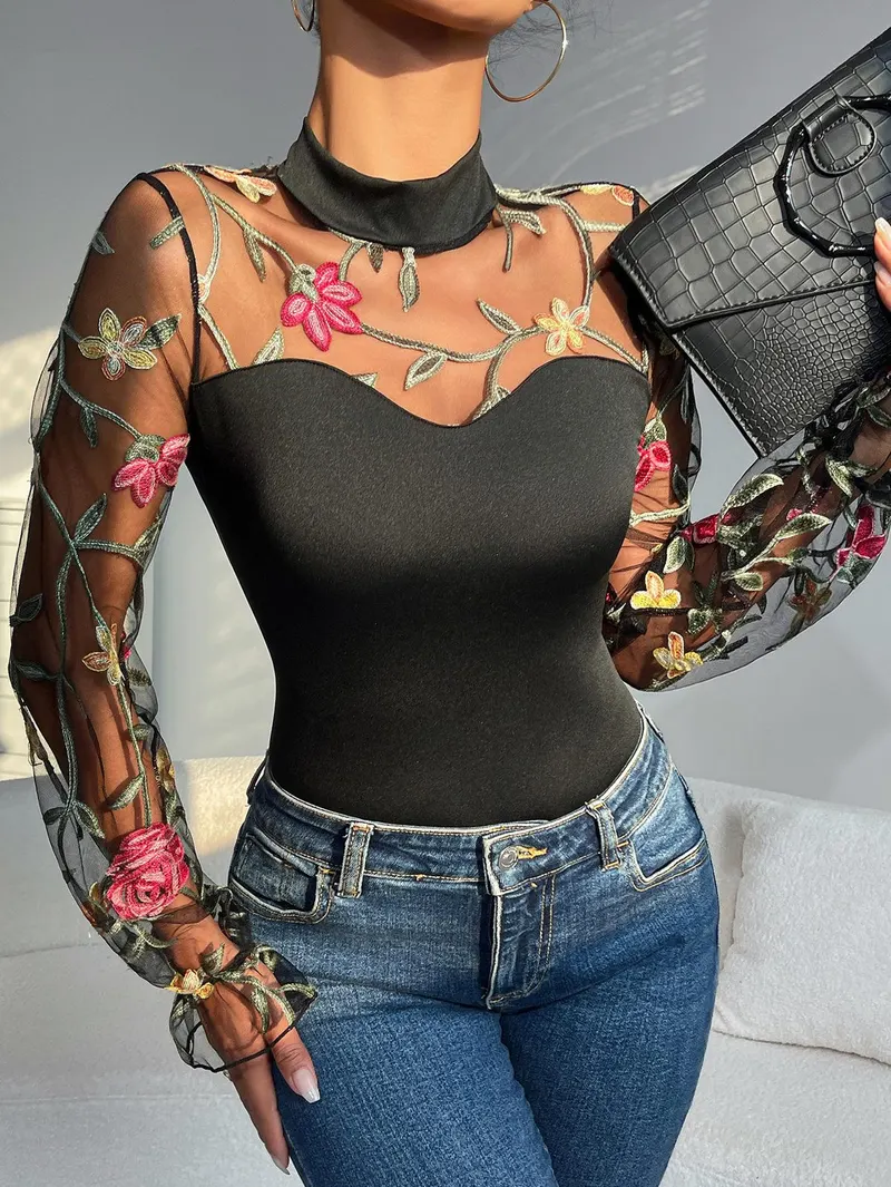Glory Embroidered mesh puff sleeve see-through hollow-out long-sleeve women's cl wholesale