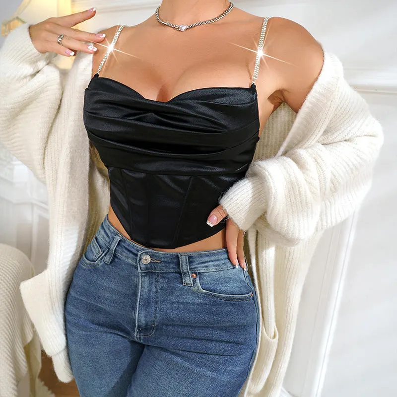 Glory high-end, sexy low-neck camisole with ruffles, subtle rhinestone detailing wholesale