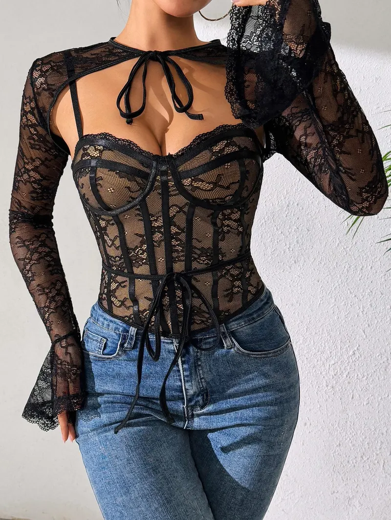 Glory lace sexy mesh see-through backless long-sleeve shawl new two-piece set wi wholesale