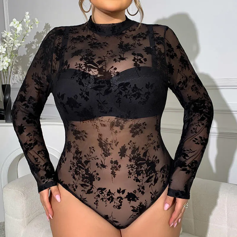 Glory Plus-size sexy lace bodysuit with flocking print, long sleeves, sheer mesh wholesale