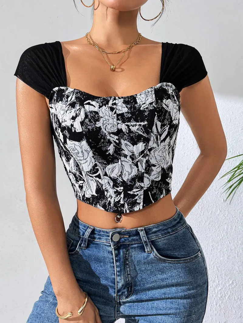 Glory Printed Summer Tank Top Sexy Floral Short Top Off-shoulder Corset wholesale