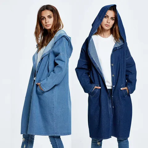 Hooded Front Open Button Jeans Women Wind Coat wholesale