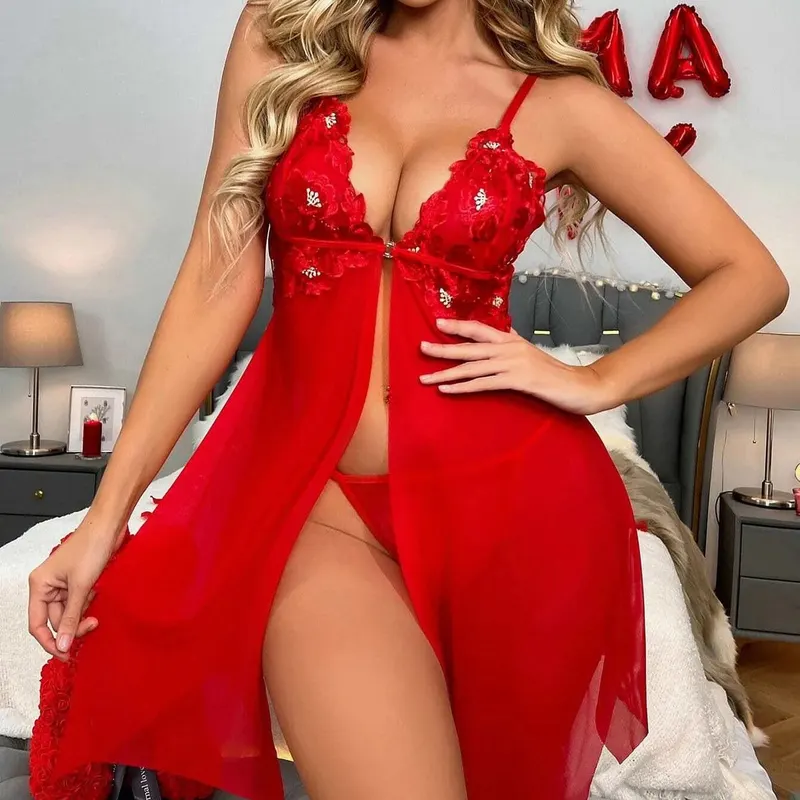 Two-piece Nightdress Sexy Hot Red Lace Sheer Lingerie wholesale