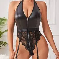 Zipper Leather Spandex Nylon Teddy Lingerie Women's Lace Shapewear Ling wholesale