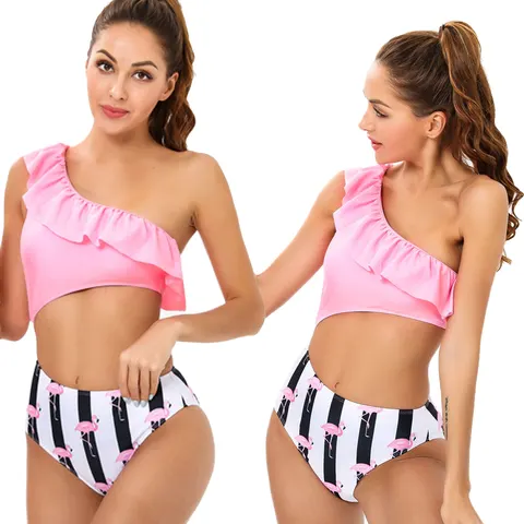 New Arrival High Waist Brazilian Bikini Woman's Sexy One Shoulder Swimwear Ruffl wholesale