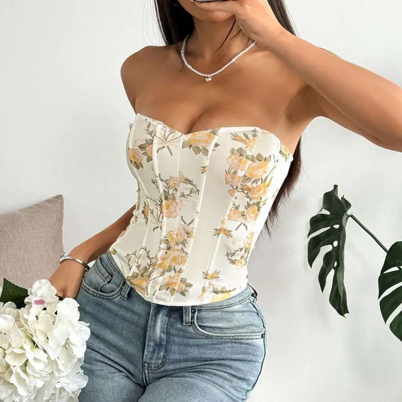 Sexy Strapless Floral Print Ladies Corset Tank Top for Women Club Bustier wholesale