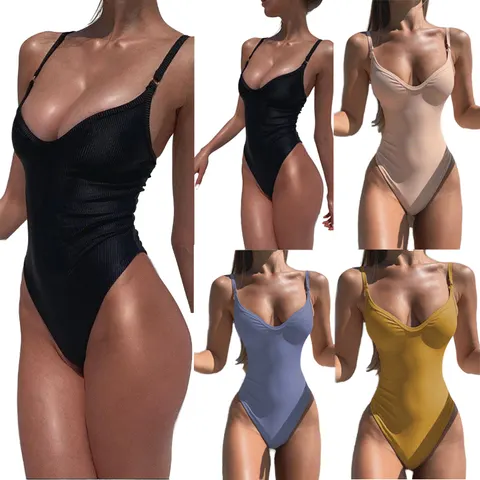 Slim Sexy Solid Color One Piece Bikini 2024 New High Waist Deep V Backless Cut O wholesale