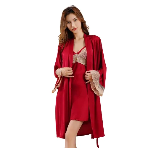 Two Piece Red Lace Pajamas Robe wholesale