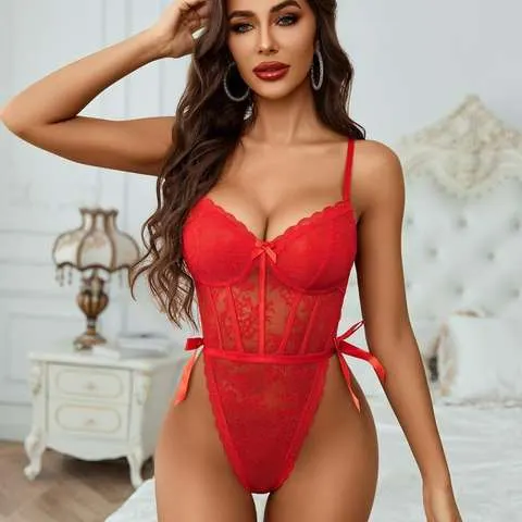Valentine's Day Sexy Red Jumpsuit Lace Erotic Women Sexy Bodysuit Lingerie wholesale