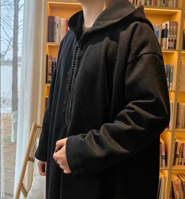 Premium black winter hooded thobe with zipper front and braided trim