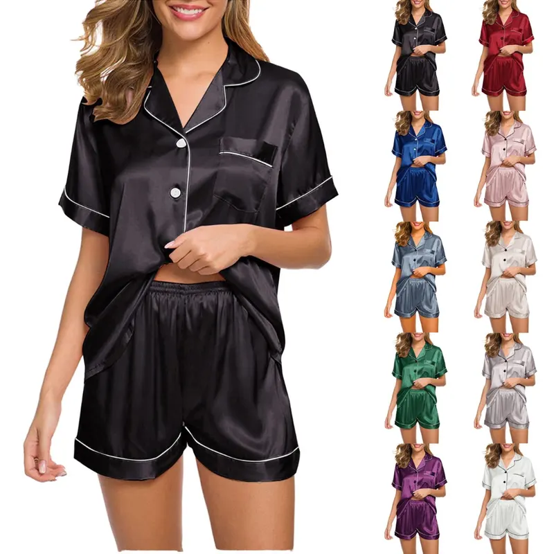 Women's Satin Pajamas Set Button-Down Loungewear Night Dress Solid Two-Piece Pj wholesale